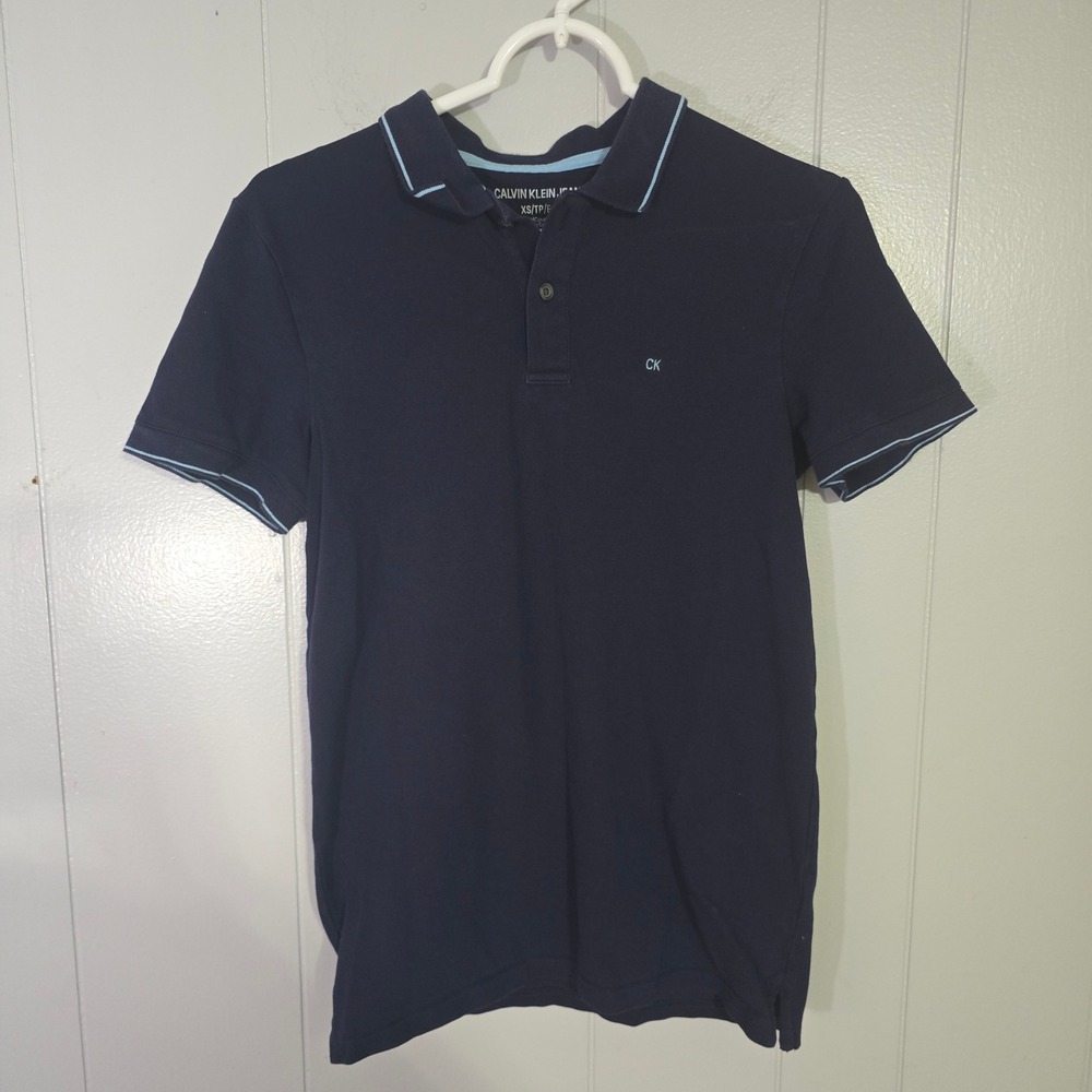 Calvin Klein Jeans Mens XS Navy Blue Slim‎ Fit Polo Shirt Blue Tipping